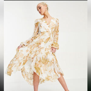Ever New Ruffle Wrap Midi Floral Dress in ivory and gold floral Sz 4
